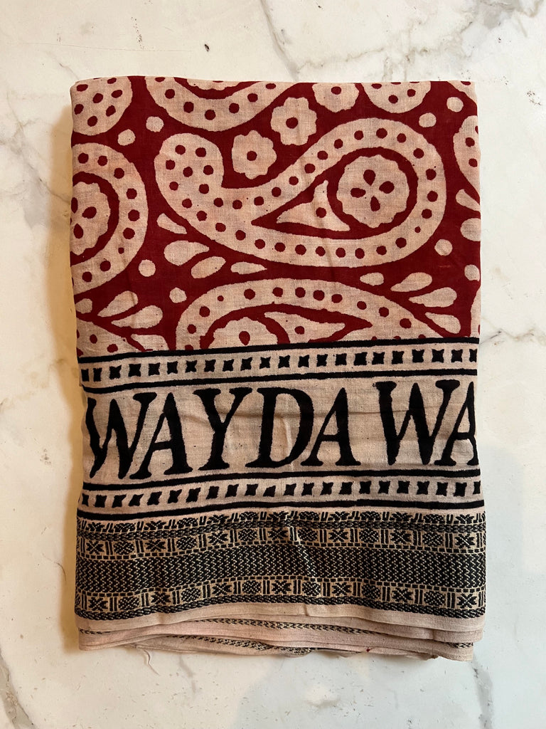 NEW INDIA BOHO SCARF HAND-MADE BLOCKPRINT: PAISLEY RED WITH WOVEN BORDER